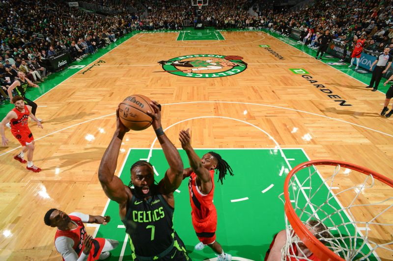 BOSTON, MA - NOVEMBER 16: Jaylen Brown #7 of the Boston Celtics shoots the ball during the game against the Toronto Raptors on November 16, 2024 at TD Garden in Boston, Massachusetts. NOTE TO USER: User expressly acknowledges and agrees that, by downloading and/or using this Photograph, user is consenting to the terms and conditions of the Getty Images License Agreement. Mandatory Copyright Notice: Copyright 2024 NBAE (Photo by Brian Babineau/NBAE via Getty Images)