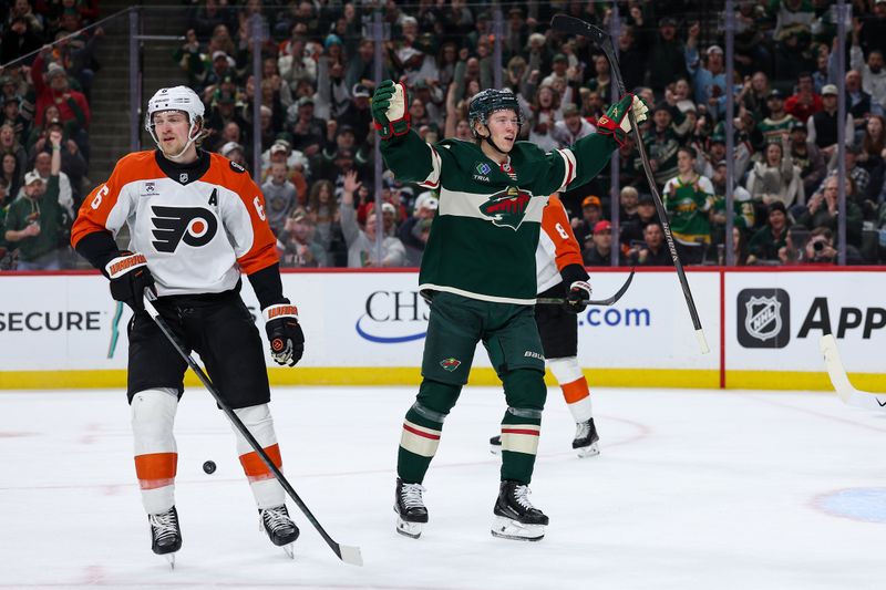 Mar 12, 2026; Saint Paul, Minnesota, USA; Minnesota Wild left wing Matt Boldy (12) celebrates his goal against the Philadelphia Flyers during the second period at Grand Casino Arena. Mandatory Credit: Matt Krohn-Imagn Images