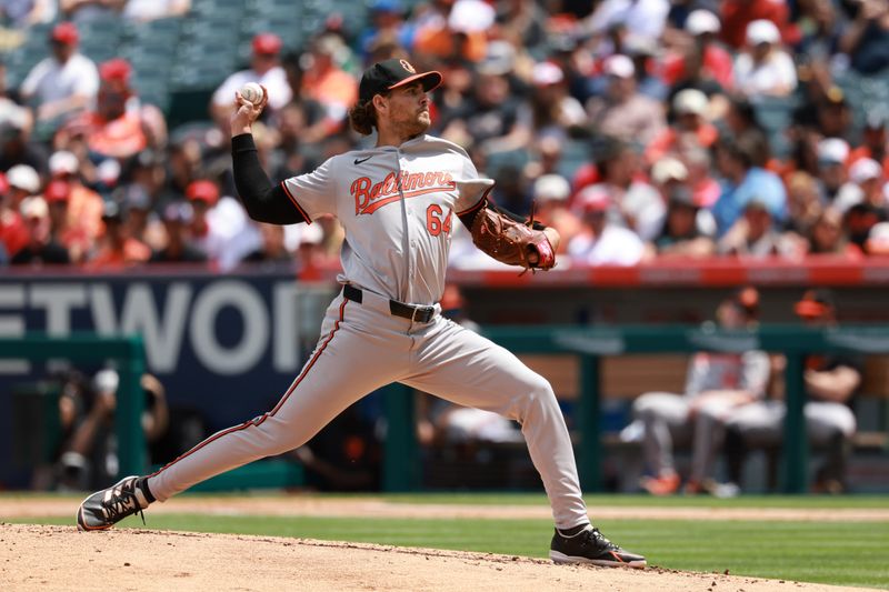 Apr 24, 2024; Anaheim, California, USA;  Baltimore Orioles pitcher Dean Kremer (64) pitches during the second inning against the Los Angeles Angels at Angel Stadium. Mandatory Credit: Kiyoshi Mio-USA TODAY Sports