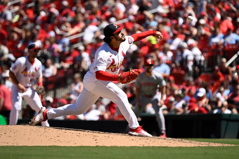 Jun 30, 2024; St. Louis, Missouri, USA; St. Louis Cardinals pitcher JoJo Romero (59) throws against the Cincinnati Reds during the seventh inning at Busch Stadium. Mandatory Credit: Jeff Le-USA TODAY Sports