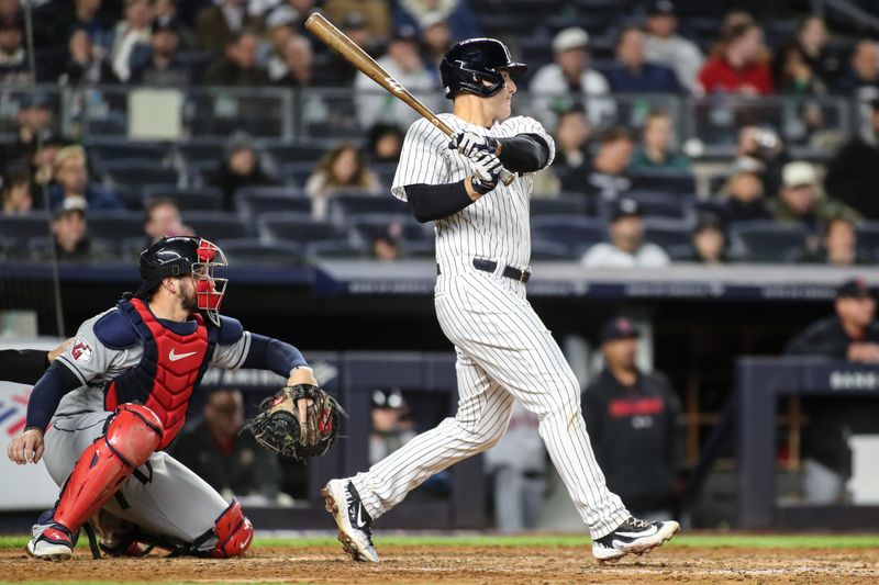 May 2, 2023; Bronx, New York, USA;  New York Yankees first baseman Anthony Rizzo (48) hits a RBI single in the sixth inning against the Cleveland Guardians at Yankee Stadium. Mandatory Credit: Wendell Cruz-USA TODAY Sports