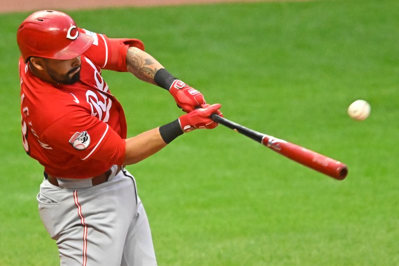 Sep 26, 2023; Cleveland, Ohio, USA; Cincinnati Reds first baseman Christian Encarnacion-Strand (33) hits a two-run home run in the third inning against the Cleveland Guardians at Progressive Field. Mandatory Credit: David Richard-USA TODAY Sports