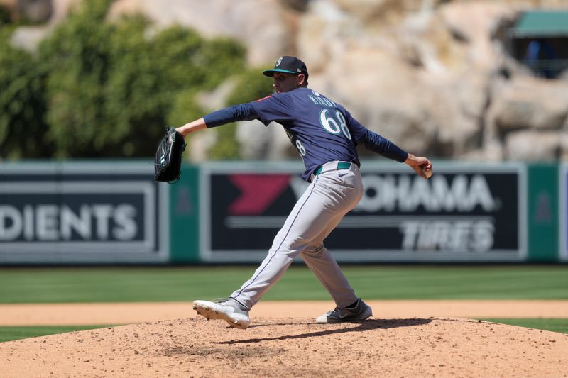 Jun 8, 2025; Anaheim, California, USA; Seattle Mariners starting pitcher George Kirby (68) throws against the Los Angeles Angels at Angel Stadium. Mandatory Credit: Kirby Lee-Imagn Images