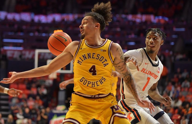 Feb 20, 2023; Champaign, Illinois, USA;  Minnesota Golden Gophers guard Braeden Carrington (4) and Illinois Fighting Illini guard Sencire Harris (1) follow a loose ball during the second half at State Farm Center. Mandatory Credit: Ron Johnson-USA TODAY Sports