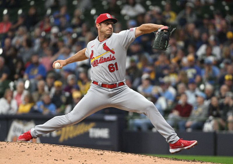 Sep 28, 2023; Milwaukee, Wisconsin, USA; St. Louis Cardinals relief pitcher Jacob Barnes (61) delivers a pitch against the Milwaukee Brewers in the seventh inning at American Family Field. Mandatory Credit: Michael McLoone-USA TODAY Sports