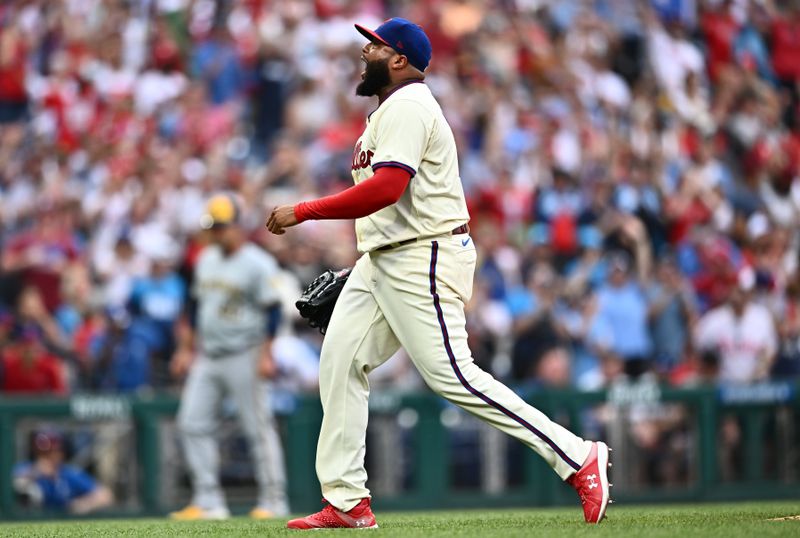 Jun 5, 2024; Philadelphia, Pennsylvania, USA; Philadelphia Phillies relief pitcher Jose Alvarado (46) reacts after defeating the Milwaukee Brewers at Citizens Bank Park. Mandatory Credit: Kyle Ross-USA TODAY Sports