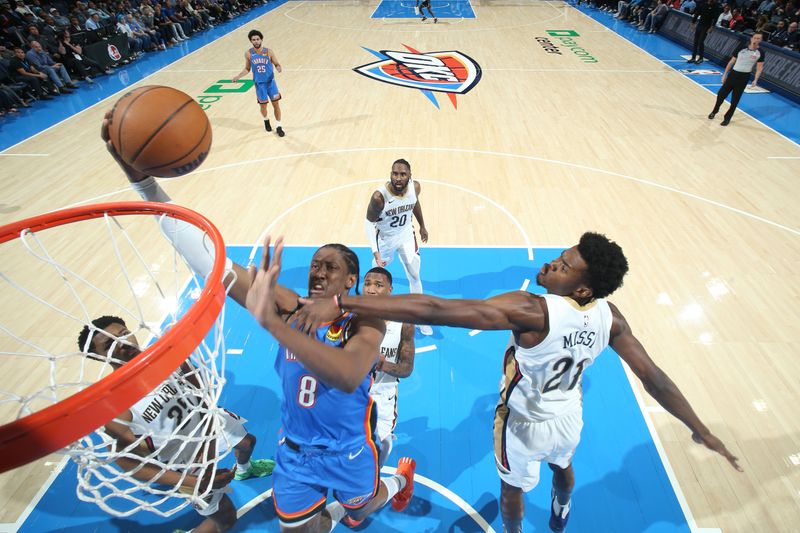 OKLAHOMA CITY, OK - NOVEMBER 13: Jalen Williams #8 of the Oklahoma City Thunder drives to the basket during the game against the New Orleans Pelicans on November 13, 2024 at Paycom Center in Oklahoma City, Oklahoma. NOTE TO USER: User expressly acknowledges and agrees that, by downloading and or using this photograph, User is consenting to the terms and conditions of the Getty Images License Agreement. Mandatory Copyright Notice: Copyright 2024 NBAE (Photo by Nathaniel S. Butler/NBAE via Getty Images)