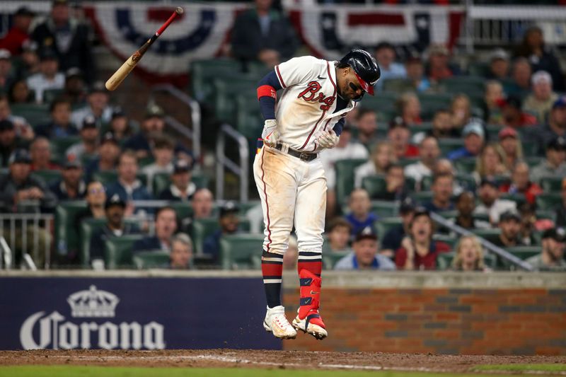 Oct 12, 2022; Atlanta, Georgia, USA; Atlanta Braves right fielder Ronald Acuna Jr. (13) reacts after being hit by a pitch in the game against the Philadelphia Phillies in the sixth inning during game two of the NLDS for the 2022 MLB Playoffs at Truist Park. Mandatory Credit: Brett Davis-USA TODAY Sports