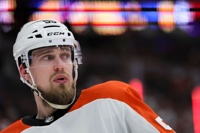 Feb 6, 2024; Sunrise, Florida, USA; Philadelphia Flyers defenseman Rasmus Ristolainen (55) looks on against the Florida Panthers during the second period at Amerant Bank Arena. Mandatory Credit: Sam Navarro-USA TODAY Sports