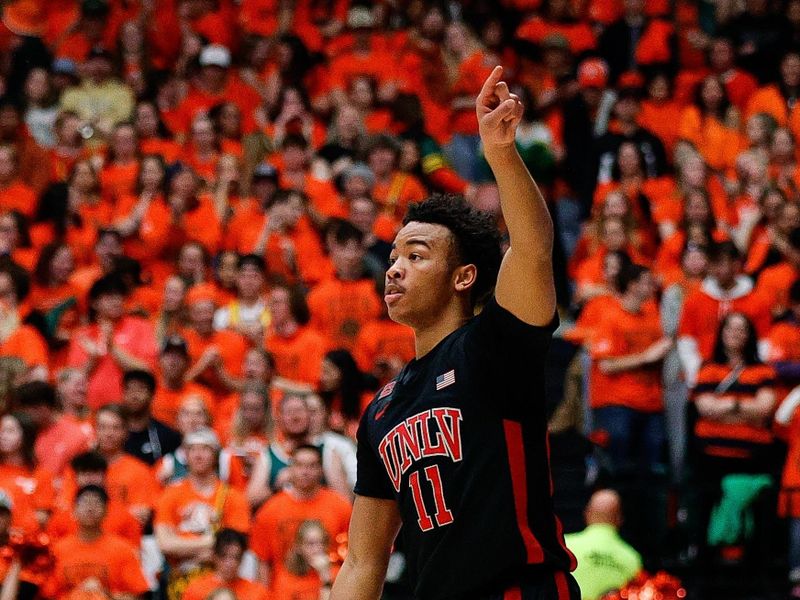 Jan 19, 2024; Fort Collins, Colorado, USA; UNLV Rebels guard Dedan Thomas Jr. (11) gestures in the first half against the Colorado State Rams at Moby Arena. Mandatory Credit: Isaiah J. Downing-USA TODAY Sports