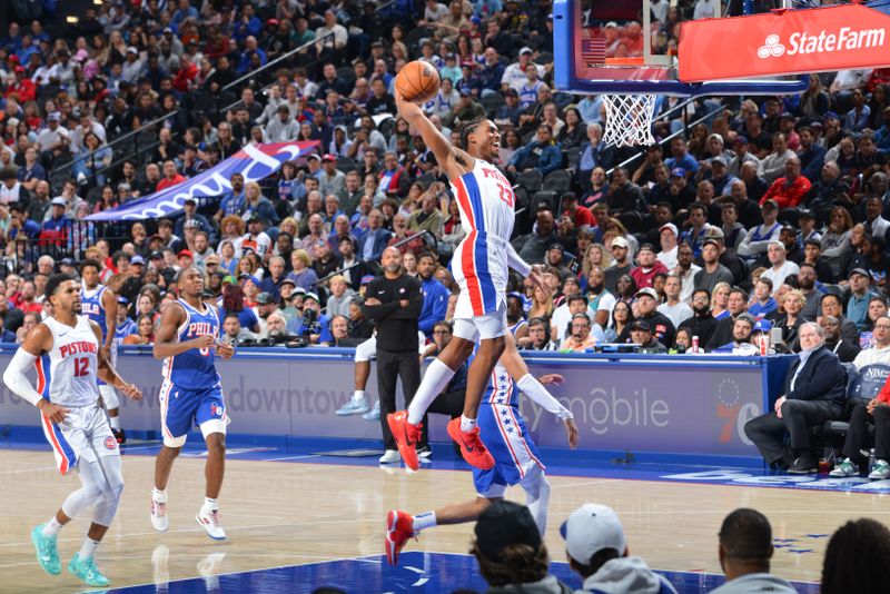 PHILADELPHIA, PA - OCTOBER 30: Jaden Ivey #23 of the Detroit Pistons dunks the ball during the game against the Philadelphia 76ers on October 30, 2024 at the Wells Fargo Center in Philadelphia, Pennsylvania NOTE TO USER: User expressly acknowledges and agrees that, by downloading and/or using this Photograph, user is consenting to the terms and conditions of the Getty Images License Agreement. Mandatory Copyright Notice: Copyright 2024 NBAE (Photo by Jesse D. Garrabrant/NBAE via Getty Images)