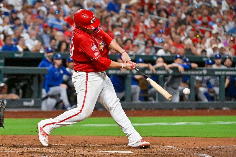 Aug 16, 2024; St. Louis, Missouri, USA;  St. Louis Cardinals catcher Pedro Pages (43) hits a one run single against the Los Angeles Dodgers during the sixth inning at Busch Stadium. Mandatory Credit: Jeff Curry-USA TODAY Sports