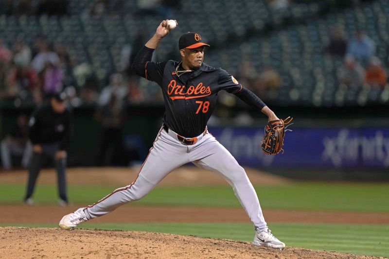 Jul 5, 2024; Oakland, California, USA;  Baltimore Orioles pitcher Yennier Cano (78) pitches during the eighth inning against the Oakland Athletics at Oakland-Alameda County Coliseum. Mandatory Credit: Stan Szeto-USA TODAY Sports