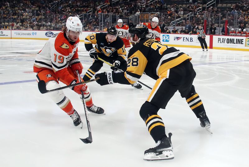 Oct 31, 2024; Pittsburgh, Pennsylvania, USA;  Anaheim Ducks right wing Troy Terry (19) skates with the puck as Pittsburgh Penguins defenseman Marcus Pettersson (28) defends during the second period at PPG Paints Arena. Mandatory Credit: Charles LeClaire-Imagn Images