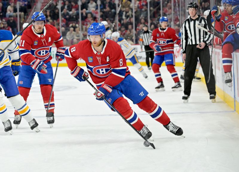 Mar 3, 2025; Montreal, Quebec, CAN; Montreal Canadiens defenseman Mike Matheson (8) plays the puck during the third period of the game against the Buffalo Sabres at the Bell Centre. Mandatory Credit: Eric Bolte-Imagn Images