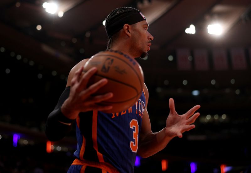 NEW YORK, NEW YORK - NOVEMBER 28:  Josh Hart #3 of the New York Knicks looks to in bound the ball during the first half of an NBA In-Season Tournament game against the Charlotte Hornets at Madison Square Garden on November 28, 2023 in New York City. NOTE TO USER: User expressly acknowledges and agrees that, by downloading and or using this photograph, User is consenting to the terms and conditions of the Getty Images License Agreement. (Photo by Elsa/Getty Images)