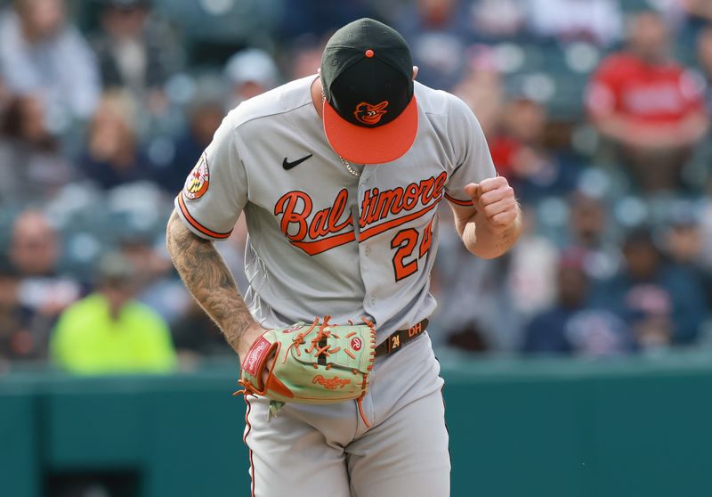 Sep 24, 2023; Cleveland, Ohio, USA; Baltimore Orioles relief pitcher DL Hall (2) pumps his fist after defeating the Cleveland Guardians 5-1 at Progressive Field. Mandatory Credit: Aaron Josefczyk-USA TODAY Sports