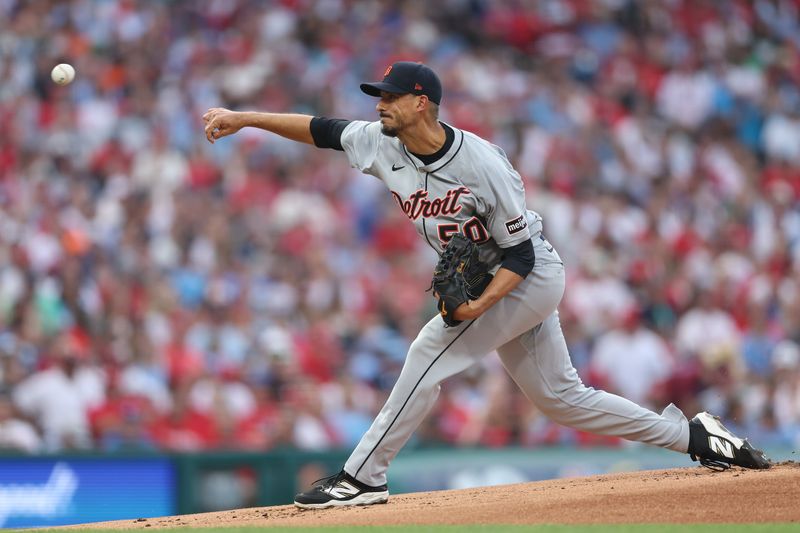 Aug 3, 2025; Philadelphia, Pennsylvania, USA; Detroit Tigers pitcher Charlie Morton (50) throws a pitch against the Philadelphia Phillies during the first inning at Citizens Bank Park. Mandatory Credit: Bill Streicher-Imagn Images