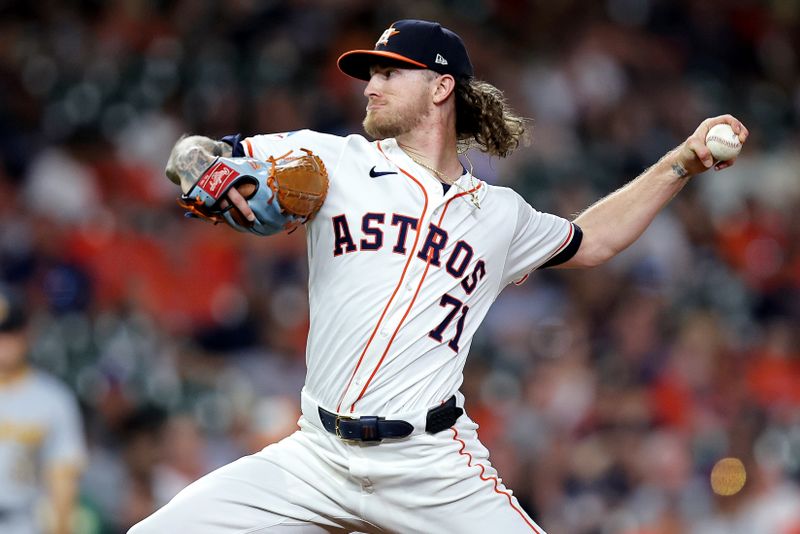 Jul 31, 2024; Houston, Texas, USA; Houston Astros relief pitcher Josh Hader (71) pitches against the Pittsburgh Pirates during the ninth inning at Minute Maid Park. Mandatory Credit: Erik Williams-USA TODAY Sports