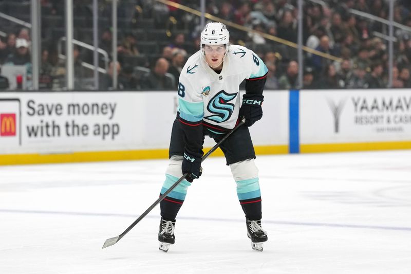 Dec 23, 2025; Los Angeles, California, USA; Seattle Kraken defenseman Cale Fleury (8) against the LA Kings in the first period at Crypto.com Arena. Mandatory Credit: Kirby Lee-Imagn Images