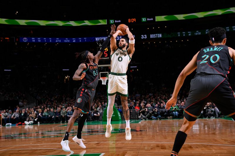 BOSTON, MA - FEBRUARY 9: Jayson Tatum #0 of the Boston Celtics shoots the ball during the game against the Washington Wizards on February 9, 2024 at the TD Garden in Boston, Massachusetts. NOTE TO USER: User expressly acknowledges and agrees that, by downloading and or using this photograph, User is consenting to the terms and conditions of the Getty Images License Agreement. Mandatory Copyright Notice: Copyright 2024 NBAE  (Photo by Brian Babineau/NBAE via Getty Images)