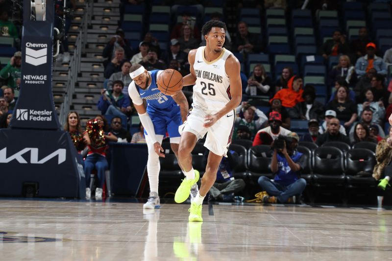 NEW ORLEANS, LA - JANUARY 15:  Trey Murphy III #25 of the New Orleans Pelicans dribbles the ball during the game against the Dallas Mavericks on January 15, 2025 at the Smoothie King Center in New Orleans, Louisiana. NOTE TO USER: User expressly acknowledges and agrees that, by downloading and or using this Photograph, user is consenting to the terms and conditions of the Getty Images License Agreement. Mandatory Copyright Notice: Copyright 2025 NBAE (Photo by Layne Murdoch Jr./NBAE via Getty Images)