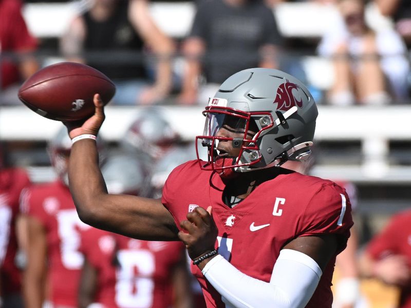 Sep 16, 2023; Pullman, Washington, USA; Washington State Cougars quarterback Cameron Ward (1) throws a pass against the Northern Colorado Bears in the first half at Gesa Field at Martin Stadium. Mandatory Credit: James Snook-USA TODAY Sports