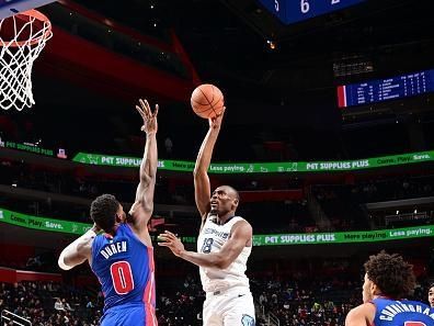 DETROIT, MI - DECEMBER 6: Bismack Biyombo #18 of the Memphis Grizzlies goes to the basket during the game on December 6, 2023 at Little Caesars Arena in Detroit, Michigan. NOTE TO USER: User expressly acknowledges and agrees that, by downloading and/or using this photograph, User is consenting to the terms and conditions of the Getty Images License Agreement. Mandatory Copyright Notice: Copyright 2023 NBAE (Photo by Chris Schwegler/NBAE via Getty Images)