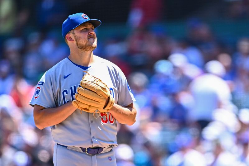Aug 24, 2025; Anaheim, California, USA; Chicago Cubs starting pitcher Jameson Taillon (50) throws a pitch against the Los Angeles Angels during the first inning at Angel Stadium. Mandatory Credit: Jonathan Hui-Imagn Images