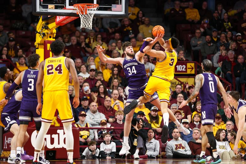 Feb 3, 2024; Minneapolis, Minnesota, USA; Minnesota Golden Gophers forward Dawson Garcia (3) shoots as Northwestern Wildcats center Matthew Nicholson (34) defends during the second half at Williams Arena. Mandatory Credit: Matt Krohn-USA TODAY Sports