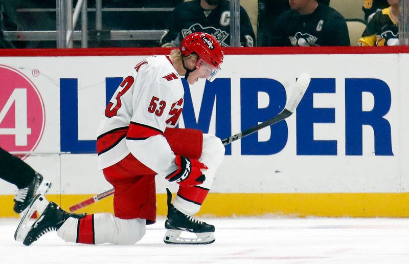 Oct 18, 2024; Pittsburgh, Pennsylvania, USA;  Carolina Hurricanes right wing Jackson Blake (53) reacts after scoring a goal against the Pittsburgh Penguins during the first period at PPG Paints Arena. Mandatory Credit: Charles LeClaire-Imagn Images