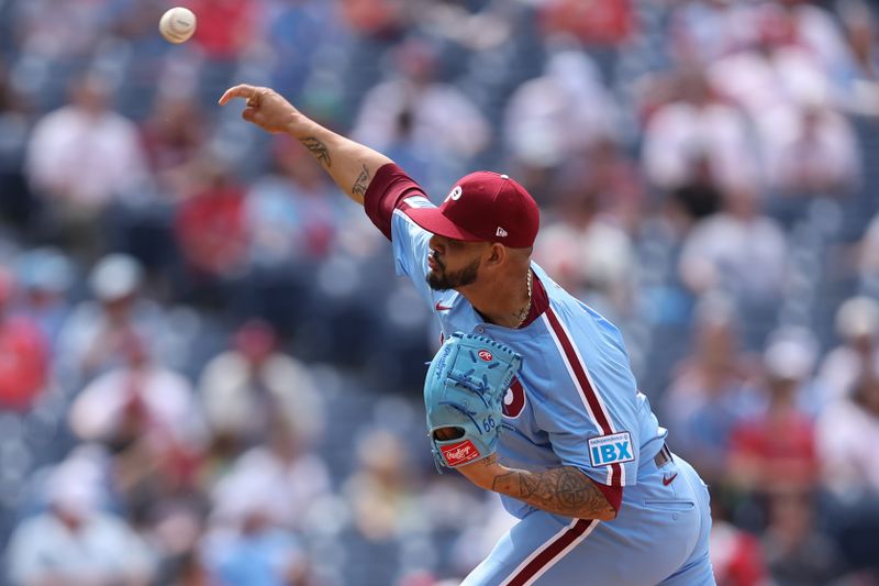 May 29, 2025; Philadelphia, Pennsylvania, USA; Philadelphia Phillies pitcher Jose Ruiz (66) throws a pitch against the Atlanta Braves at Citizens Bank Park. Mandatory Credit: Bill Streicher-Imagn Images