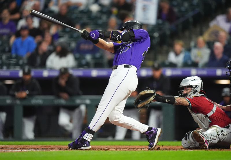 Sep 17, 2024; Denver, Colorado, USA; Colorado Rockies outfielder Jordan Beck (27) hits a RBI double in the second inning against the Arizona Diamondbacks at Coors Field. Mandatory Credit: Ron Chenoy-Imagn Images