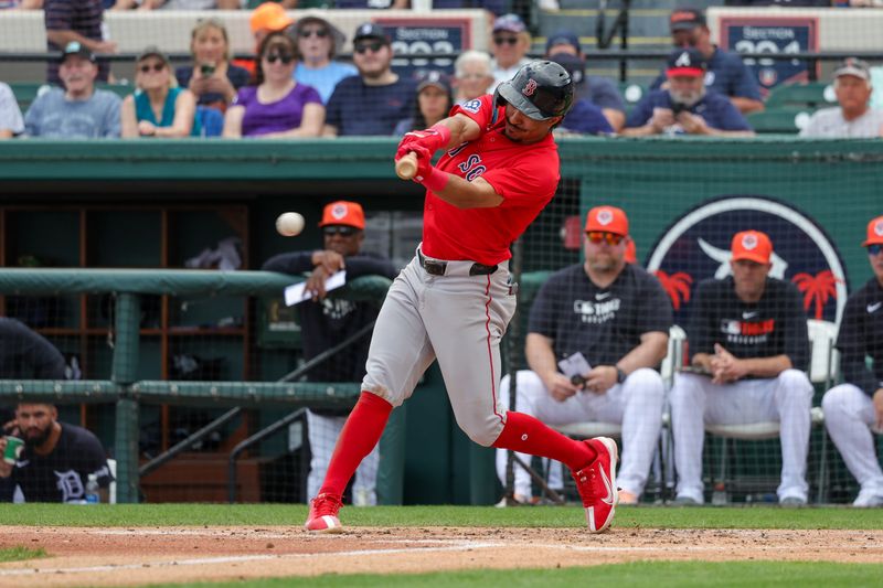 Feb 27, 2025; Lakeland, Florida, USA; Boston Red Sox shortstop David Hamilton (17) bats during the second inning against the Detroit Tigers at Publix Field at Joker Marchant Stadium. Mandatory Credit: Mike Watters-Imagn Images