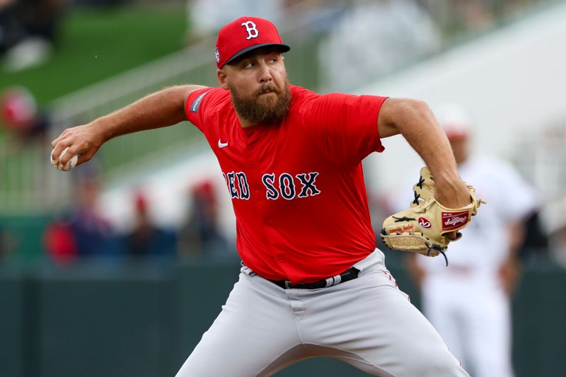 Mar 6, 2024; Fort Myers, Florida, USA;  Boston Red Sox relief pitcher Greg Weissert (57) throws a pitch against the Los Minnesota Twins in the third inning at Hammond Stadium. Mandatory Credit: Nathan Ray Seebeck-USA TODAY Sports