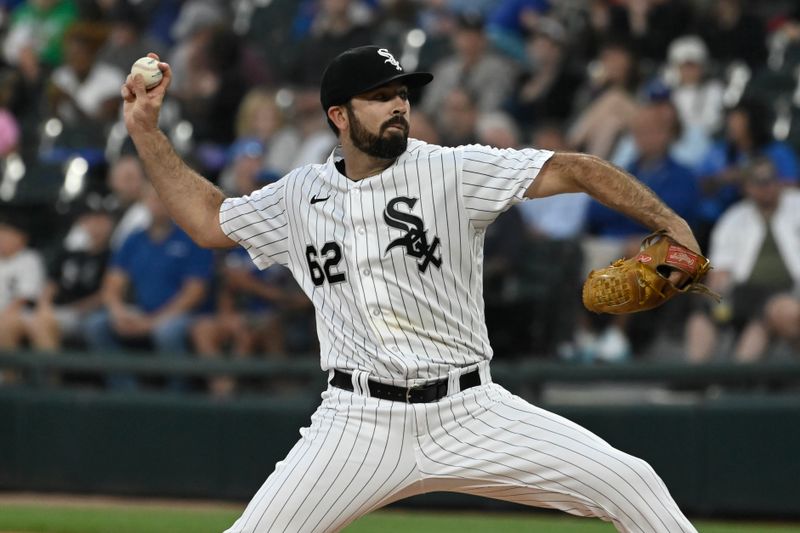 Jul 6, 2023; Chicago, Illinois, USA;  Chicago White Sox relief pitcher Jesse Scholtens (62) delivers against the Toronto Blue Jays during the second inning at Guaranteed Rate Field. Mandatory Credit: Matt Marton-USA TODAY Sports