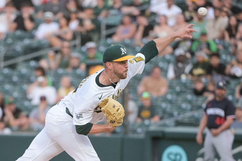 Jun 4, 2025; West Sacramento, California, USA; Athletics relief pitcher Jeffrey Springs (59) throws a pitch against the Minnesota Twins during the second inning at Sutter Health Park. Mandatory Credit: Ed Szczepanski-Imagn Images