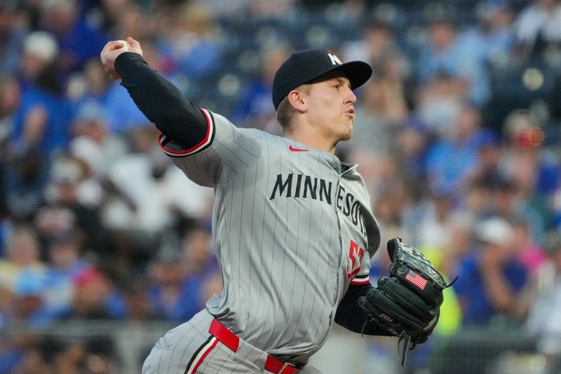 Sep 6, 2024; Kansas City, Missouri, USA; Minnesota Twins starting pitcher Zebby Matthews (52) delivers a pitch against the Kansas City Royals in the first inning at Kauffman Stadium. Mandatory Credit: Denny Medley-Imagn Images