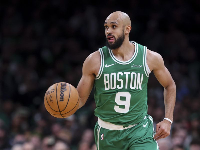 BOSTON, MA - DECEMBER 12: Derrick White #9 of the Boston Celtics dribbles the ball during a game against the Detroit Pistons at TD Garden on December 12, 2024 in Boston, Massachusetts. NOTE TO USER: User expressly acknowledges and agrees that, by downloading and or using this photograph, User is consenting to the terms and conditions of the Getty Images License Agreement. (Photo by Adam Glanzman/Getty Images)