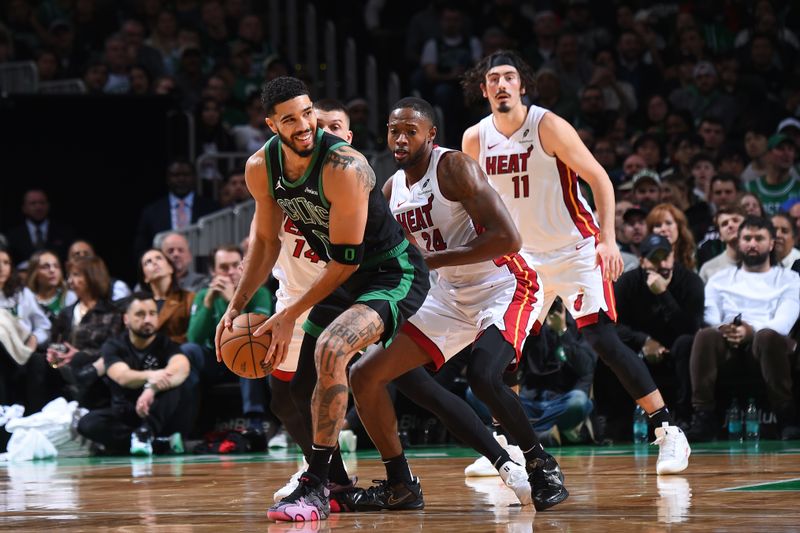 BOSTON, MA - DECEMBER 2: Jayson Tatum #0 of the Boston Celtics handles the ball during the game against the Miami Heat on December 2, 2024 at TD Garden in Boston, Massachusetts. NOTE TO USER: User expressly acknowledges and agrees that, by downloading and/or using this Photograph, user is consenting to the terms and conditions of the Getty Images License Agreement. Mandatory Copyright Notice: Copyright 2024 NBAE (Photo by Brian Babineau/NBAE via Getty Images)