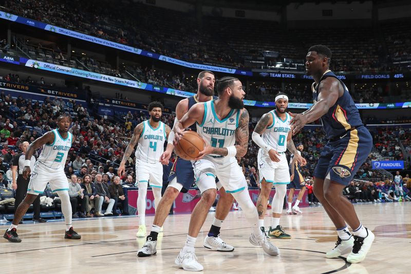 NEW ORLEANS, LA - JANUARY 17: Cody Martin #11 of the Charlotte Hornets handles the ball during the game against the New Orleans Pelicans on January 17, 2024 at the Smoothie King Center in New Orleans, Louisiana. NOTE TO USER: User expressly acknowledges and agrees that, by downloading and or using this Photograph, user is consenting to the terms and conditions of the Getty Images License Agreement. Mandatory Copyright Notice: Copyright 2024 NBAE (Photo by Layne Murdoch Jr./NBAE via Getty Images)