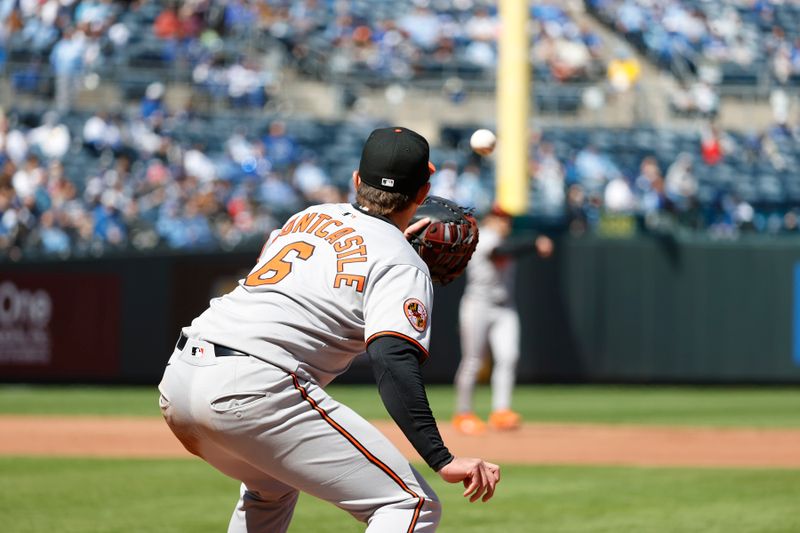 Apr 6, 2025; Kansas City, Missouri, USA;  Baltimore Orioles first base Ryan Mountcastle (6) catches the throw from Baltimore Orioles third base Jordan Westburg (11)  at Kauffman Stadium. Mandatory Credit: Gary Rohman-Imagn Images