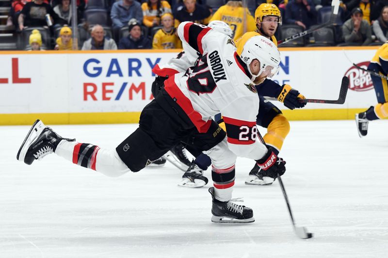 Feb 27, 2024; Nashville, Tennessee, USA; Ottawa Senators right wing Claude Giroux (28) shoots the puck during the second period against the Nashville Predators at Bridgestone Arena. Mandatory Credit: Christopher Hanewinckel-USA TODAY Sports