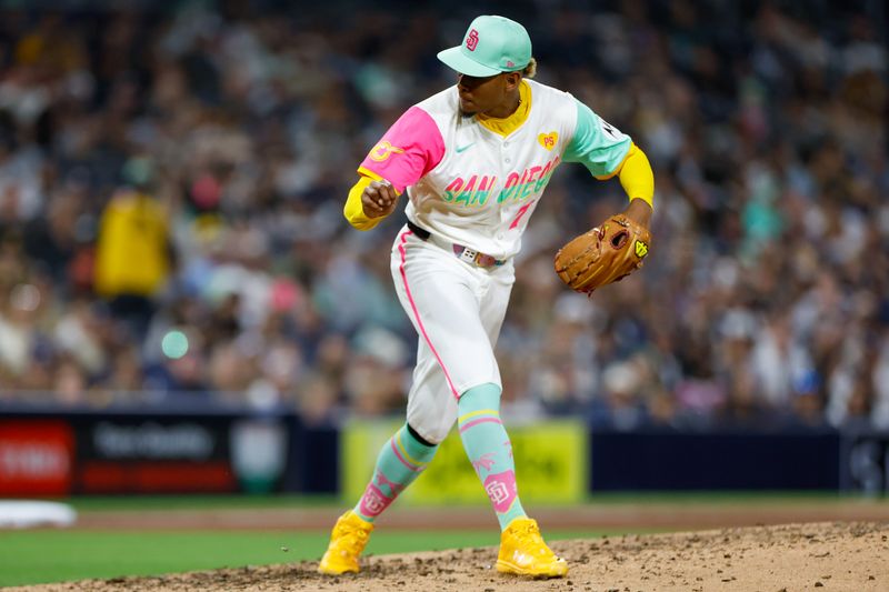 May 24, 2024; San Diego, California, USA; San Diego Padres relief pitcher Jhony Brito (76) throws a pitch during the seventh inning against the New York Yankees at Petco Park. Mandatory Credit: David Frerker-USA TODAY Sports