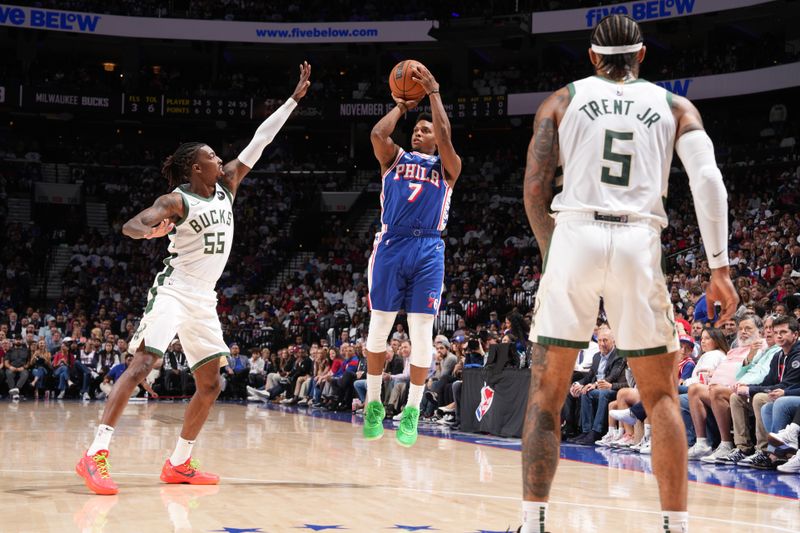 PHILADELPHIA, PA - OCTOBER 23: Kyle Lowry #7 of the Philadelphia 76ers shoots the ball during the game against the Milwaukee Bucks on October 23, 2024 at the Wells Fargo Center in Philadelphia, Pennsylvania NOTE TO USER: User expressly acknowledges and agrees that, by downloading and/or using this Photograph, user is consenting to the terms and conditions of the Getty Images License Agreement. Mandatory Copyright Notice: Copyright 2024 NBAE (Photo by Jesse D. Garrabrant/NBAE via Getty Images)
