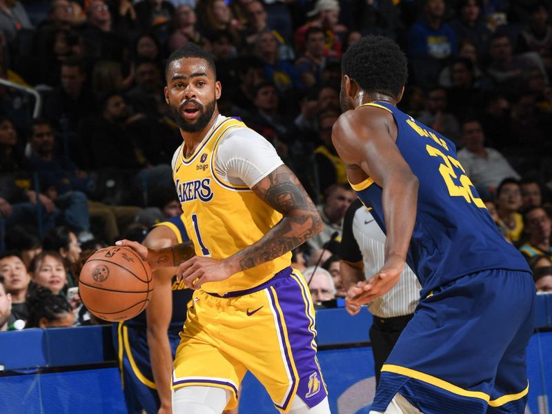 SAN FRANCISCO, CA - FEBRUARY 22:  D'Angelo Russell #1 of the Los Angeles Lakers handles the ball during the game  on February 22, 2024 at Chase Center in San Francisco, California. NOTE TO USER: User expressly acknowledges and agrees that, by downloading and or using this photograph, user is consenting to the terms and conditions of Getty Images License Agreement. Mandatory Copyright Notice: Copyright 2024 NBAE (Photo by Noah Graham/NBAE via Getty Images)