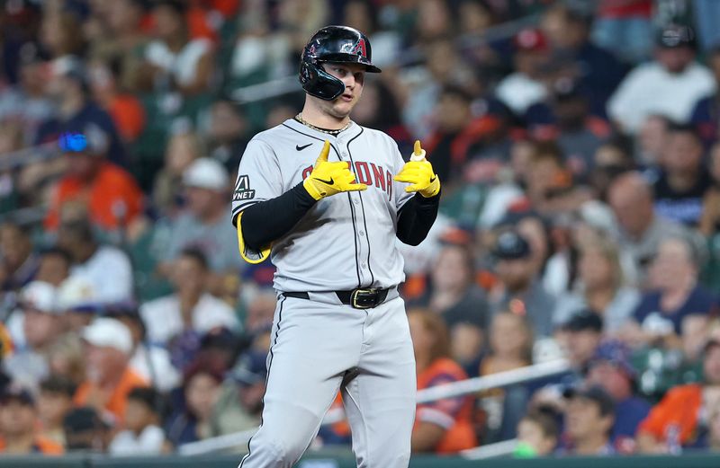 Sep 8, 2024; Houston, Texas, USA; Arizona Diamondbacks designated hitter Joc Pederson (3) reacts after hitting a single during the third inning against the Houston Astros at Minute Maid Park. Mandatory Credit: Troy Taormina-Imagn Images