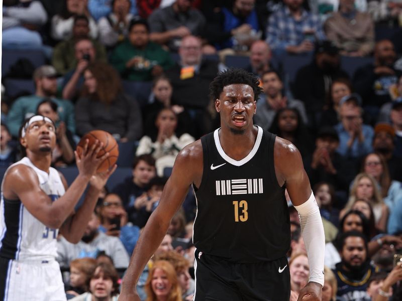 MEMPHIS, TN - JANUARY 26:  Jaren Jackson Jr. #13 of the Memphis Grizzlies reacts during the game against the Orlando Magic on January 26, 2024 at FedExForum in Memphis, Tennessee. NOTE TO USER: User expressly acknowledges and agrees that, by downloading and or using this photograph, User is consenting to the terms and conditions of the Getty Images License Agreement. Mandatory Copyright Notice: Copyright 2024 NBAE (Photo by Joe Murphy/NBAE via Getty Images)