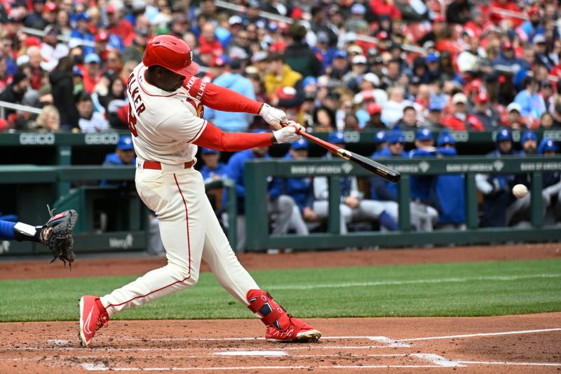 Apr 1, 2023; St. Louis, Missouri, USA; St. Louis Cardinals right fielder Jordan Walker (18) hits a single against the Toronto Blue Jays in the second inning at Busch Stadium. Mandatory Credit: Joe Puetz-USA TODAY Sports