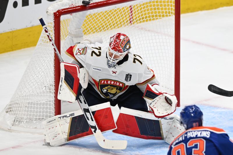 Jun 13, 2024; Edmonton, Alberta, CAN; Florida Panthers goaltender Sergei Bobrovsky (72) protects the goal in the first period against the Edmonton Oilers in game three of the 2024 Stanley Cup Final at Rogers Place. Mandatory Credit: Walter Tychnowicz-USA TODAY Sports